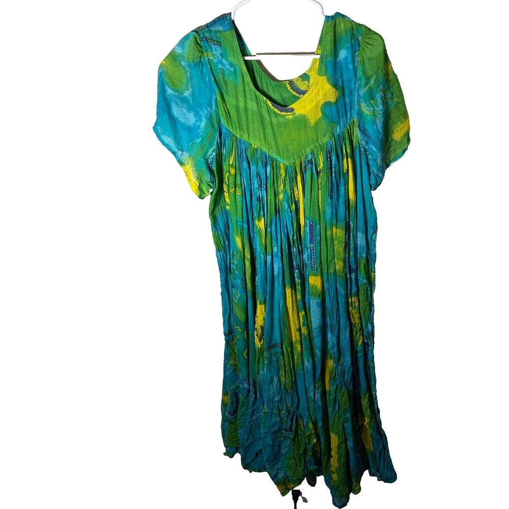 Vintage Sita Dress Women's Large Colorful Midi Short Sleeve Casual Boho